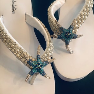 Starfish Beach Bridal Shoes.  Rhinestone Bridal Flip Flops.  Bling Wedding Sandals. Sparkly Gem Bridal Platform Wedges. Summer Sandals