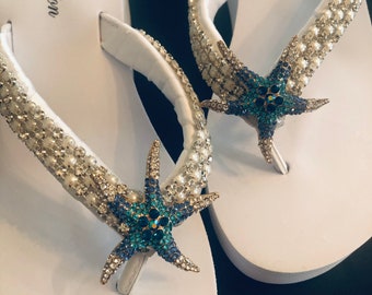 Starfish Beach Bridal Shoes.  Rhinestone and Pearl  Bridal Flip Flops.  Bling Wedding Sandals. Sparkly Gem Bridal Platform Wedges.