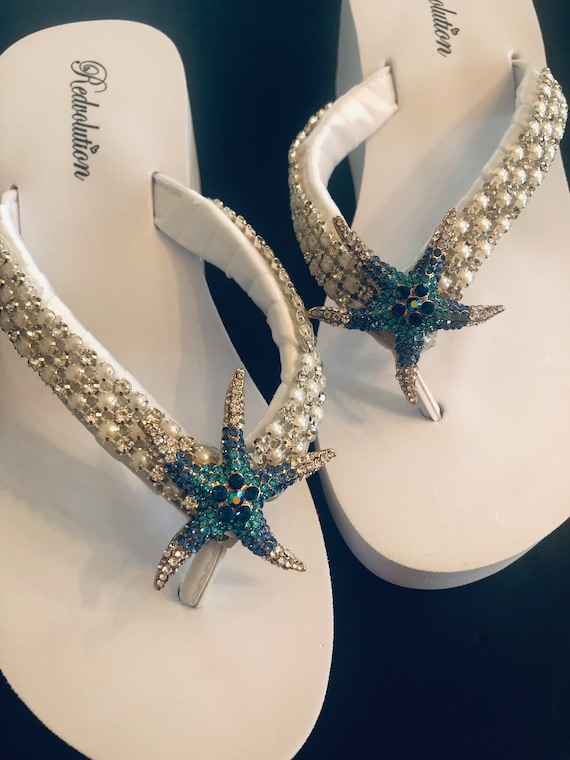 Starfish Beach Bridal Shoes.  Rhinestone Bridal Flip Flops.  Bling Wedding Sandals. Sparkly Gem Bridal Platform Wedges. Summer Sandals