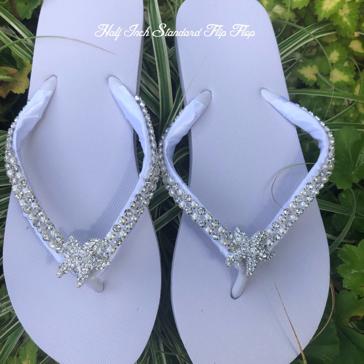 Rhinestone Starfish Bridal Flip Flops. Pearl Beach Wedding Flip