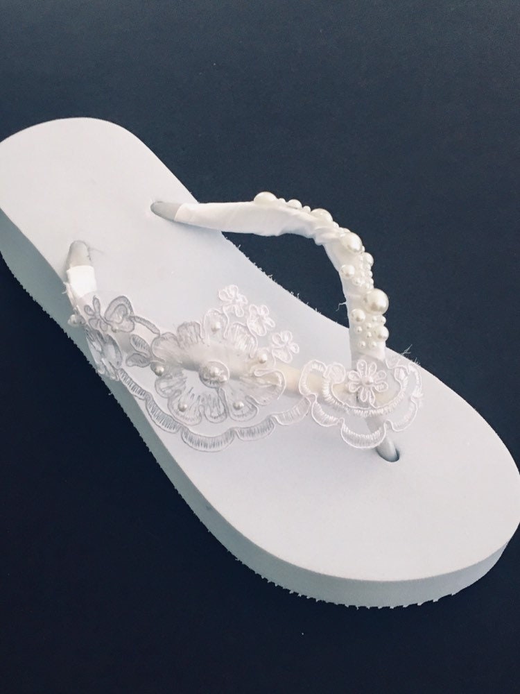 White Flip Flops .pearl Lace Wedding Flip Flops .beach Wedding | Etsy