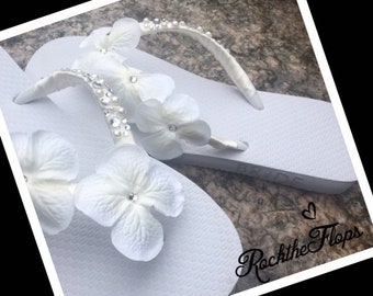 Ivory or White  Bridal Flip Flops. Rhinestone Wedding Flip Flops. Beach Wedding Sandals. Bling Bridal Shoes. Crystal Wedding Shoes. Custom