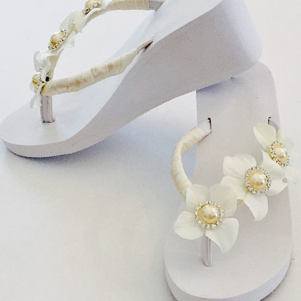 Bridal Flip Flops and Wedges. Bling Wedding Flip Flops. Custom Made Bridal Shoes. Flower Beach Wedding Sandals. Open Toe Bride Shoes.