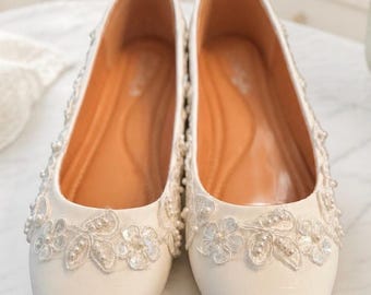 Ivory Lace Bridal Flats, Pearl Wedding Shoes, Comfortable Ballet Slipper.