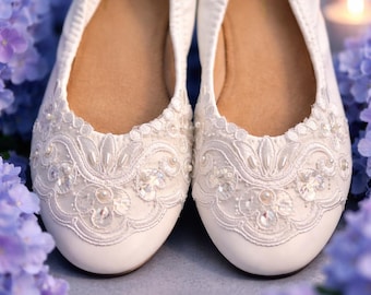 White Beaded Lace Bridal Flats: Comfortable Wedding Slippers with Pearls, Ballet Flats, Dancing Shoes,