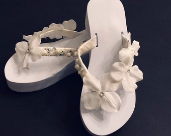 Wedged Bridal Flip Flops. Wedding Flip Flops. Ivory Wedding Shoes. White Bride Shoes. Beach Wedding Shoes.Bridesmaid Shoes.