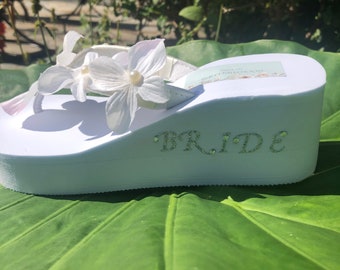 Pearl Rhinestone Flip Flop Wedges . Floral Bridal Flip Flops. Beach Wedding Shoes. Bridesmaid Shoes. Glam Bridal Shoes. Crystal Sandals.