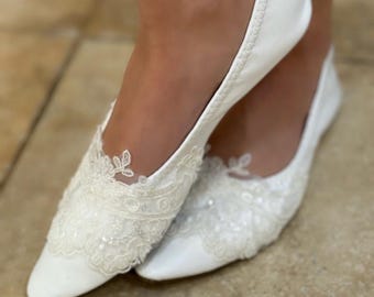 Ivory Lace Bridal Flats, Comfortable Low Heel Wedding Shoes
