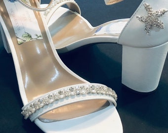 Bridal Strappy Shoes. Bling Beach Wedding Sandals . Block Heel Bridal Leather Shoes . Comfy Pearl Wedding Shoes with Rhinestone Starfish.