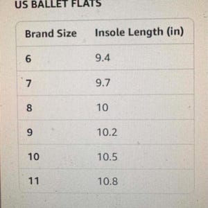 Puede incluir: Una tabla de tallas titulada US BALLET FLATS con dos columnas. La primera columna enumera la talla de la marca del 6 al 11. La segunda columna indica la longitud de la plantilla en pulgadas: 9.4, 9.7, 10, 10.2, 10.5 y 10.8 pulgadas por talla.
