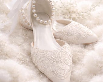 White Satin Bridal Shoes with Lace. Pearl Ankle Straps and Ribbon Bow. Low Block Heel Wedding Sandals. Elegant Flats. Bridesmaids .