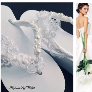 White Lace Bridal Flip Flops. Pearl  Wedding Flip Flops .Beach Wedding Sandals. Destination Wedding Shoes. Wedged Heel Flip Flops .