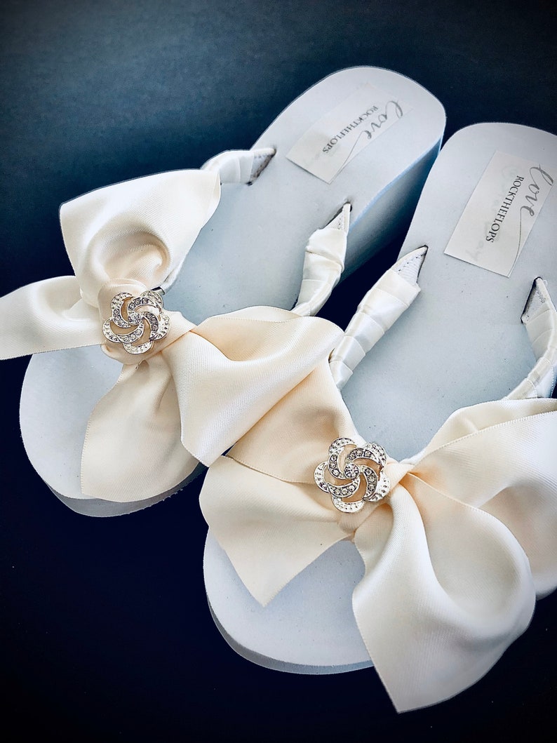 Bow Bridal Flip Flops/Wedges. Rhinestone Bridal Shoes . | Etsy