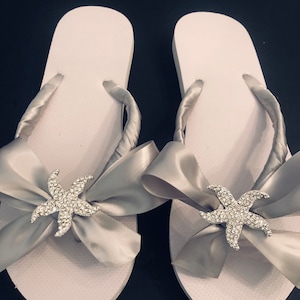 Rhinestone Bridal Flip Flops with Bow. Wedding Flip Flops. Bridal Starfish Wedges.Bridesmaid shoes.Bride Beach Destination Flip Flops. image 1