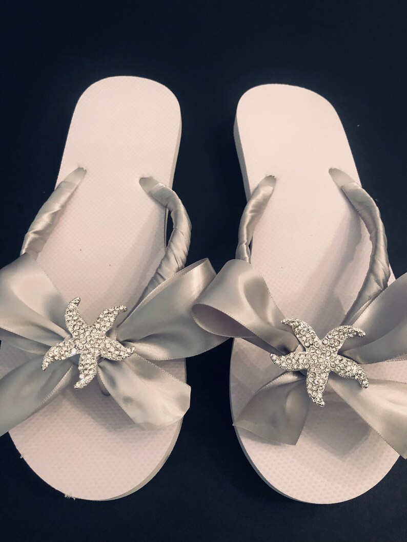 Rhinestone Bridal Flip Flops with Bow. Wedding Flip Flops. Bridal Starfish Wedges.Bridesmaid shoes.Bride Beach Destination Flip Flops. image 1