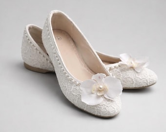 Weiße Orchidee Perle geschnürt Ballerinas | Brautschuhe| Bequeme Ballerina Style Brautschuhe | Perlen Wohnungen | Hochzeit Hausschuhe | Prinzessin Low Heel