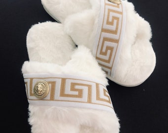 Furry Luxury Slippers. Comfy Spa Woman's Slippers. Fuzzy Ladies Slippers. Bling Luxury Shoes. Holiday Gifts for Her. Unique Finds.