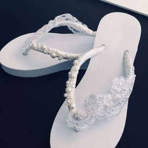White Flip Flops .pearl Lace Wedding Flip Flops .beach Wedding - Etsy