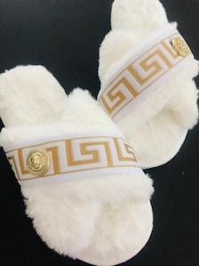 LV INSPIRED FURRY SLIPPERS – EB Shoetique