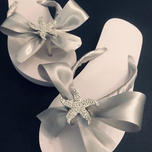 Rhinestone Bridal Flip Flops with Bow. Wedding Flip Flops. Bridal Starfish Wedges.Bridesmaid shoes.Bride Beach Destination Flip Flops. image 2