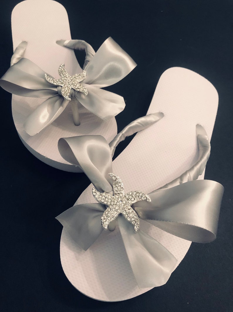 Rhinestone Bridal Flip Flops with Bow. Wedding Flip Flops. Bridal Starfish Wedges.Bridesmaid shoes.Bride Beach Destination Flip Flops. image 2