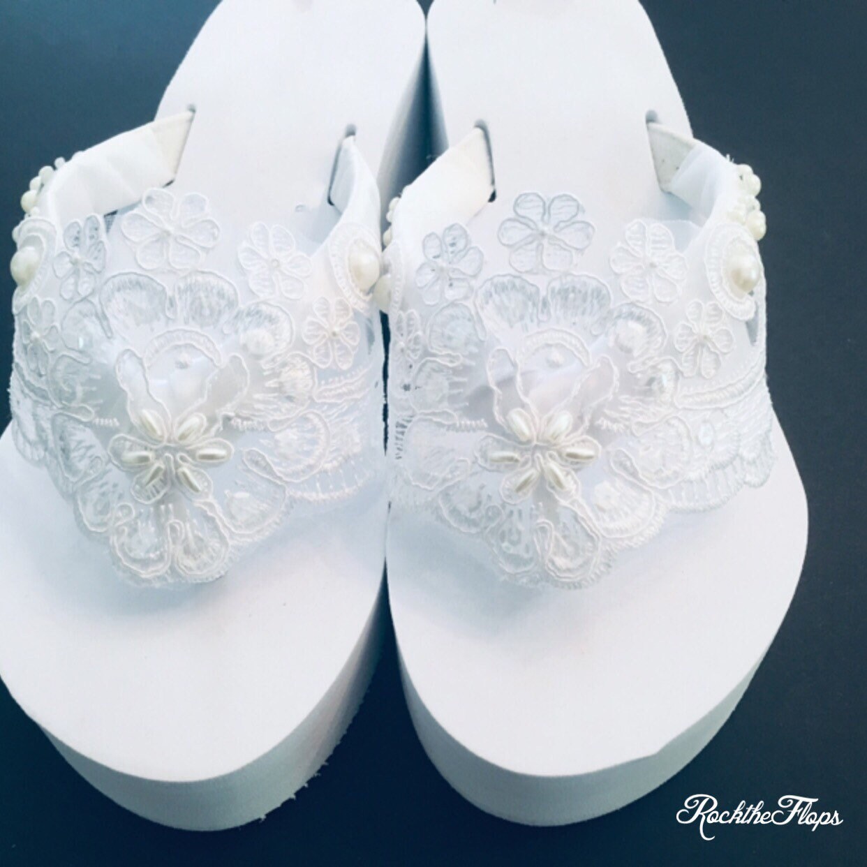 White Lace Bridal Flip Flops.Wedges. Beaded Wedding | Etsy