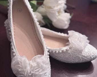 White Pearl Laced Ballet Flats| Bridal Shoes| Comfy Ballerina Style Wedding Shoes | Rosette Flats| Wedding Slippers| Elegant Low Heel|