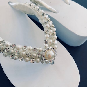 Rhinestone Pearl Bridal Shoes. Bling Wedding Shoes. Beaded Bridal Flip Flops and Wedges. Bridal Sandals. Bridal Wedges. Low Heel Shoes.