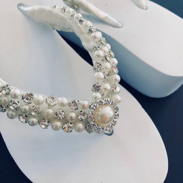 Rhinestone Pearl Bridal Flip Flops. Wedding Flip Flops. Bling Bridal Shoes. White Custom Wedding Shoes. Wedged Bridal Shoes. Low Heel Shoes.