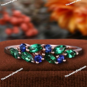 Marquise green emerald and Round blue sapphire wedding band 14k rose gold multi color gemstone promise ring for her unique custom engagement