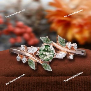 Art Deco Leaf White Gold Moss Agate Engagement Ring Nature Inspired Cluster Promise Ring Green Gemstone Branch Bridal Ring Jewelry