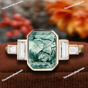 Emerald cut natural moss agate engagement ring Solid gold bridal ring Aquatic agate gemstone ring Anniversary gifts Moissanite cluster ring