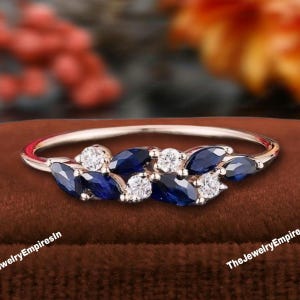 Marquise sapphire wedding band vintage sapphire ring yellow gold moissanite antique unique stacking band anniversary promise matching band