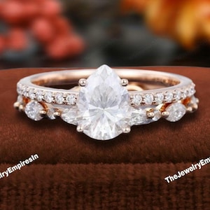 Pear shaped Moissanite engagement ring set vintage Rose gold engagement ring Unique Half eternity Diamond wedding Bridal set Promise gift
