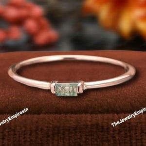 Vintage Baguette cut Moss Agate Wedding band Unique Yellow gold wedding band woman Half eternity Matching Promise Anniversary ring for her