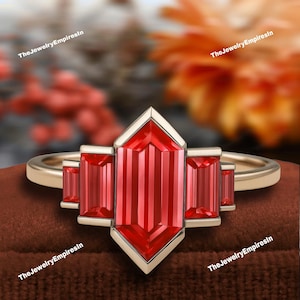 Anillo de compromiso con granate de corte hexagonal Anillo único de oro rosa Anillo de granate de corte baguette Anillo de aniversario de boda nupcial Art Deco vintage para ella