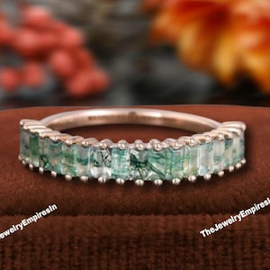Vintage Baguette cut Moss Agate Wedding band Unique Yellow gold wedding band woman Half eternity Matching Promise Anniversary ring for her