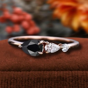 Unique Natural Black Onyx Opal Engagement Ring,Pear Cut Gems,Art Deco Moissanite Wedding Band,3 Stone Unique Women Bridal Ring,Customized