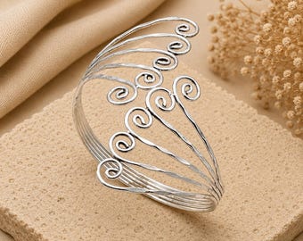 Silver Spiral Wire Wrap Arm Cuff Bracelet – Boho Tribal Armlet Jewelry