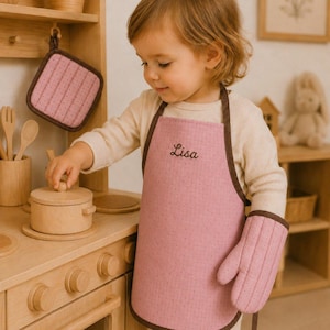Kochset für Kinder – Schürze mit Namen, Topflappen und Ofenhandschuh, für 1–2 Jahre