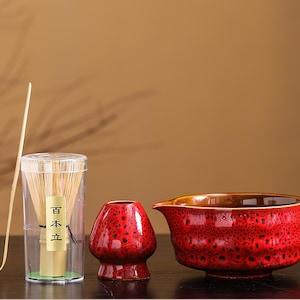 Handmade Glazed Ceramic Matcha Bowl Set - Bamboo Whisk & Chasen Holder