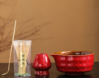 Handmade Glazed Ceramic Matcha Bowl Set - Bamboo Whisk & Chasen Holder