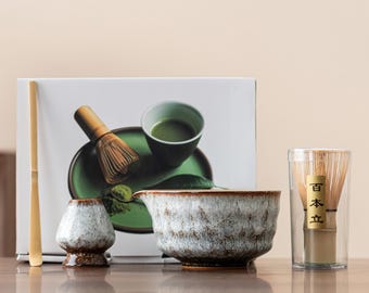 Handgemaakte geglazuurde keramische matcha-komset: bamboegarde, houder Chasen