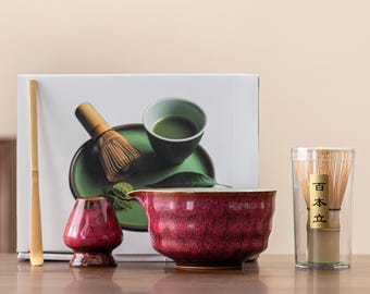 Handgemaakte geglazuurde keramische matcha-komset: bamboegarde, houder Chasen