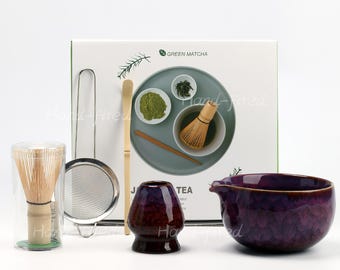 Handgemaakte geglazuurde keramische matcha-komset: bamboegarde, houder Chasen