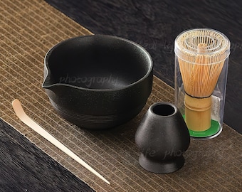 Handmade Matcha Bowl Set: Bamboo Whisk, Chasen Holder, Beginner Ceremony Gift