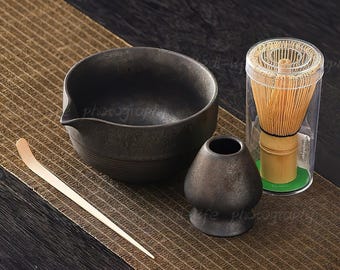 Handmade Matcha Bowl Set: Bamboo Whisk, Chasen Holder, Beginner Ceremony Gift
