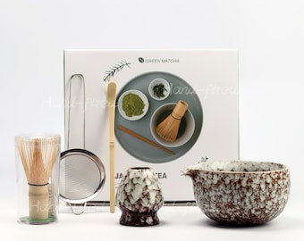 Handgemaakte geglazuurde keramische matcha-komset: bamboegarde, houder Chasen