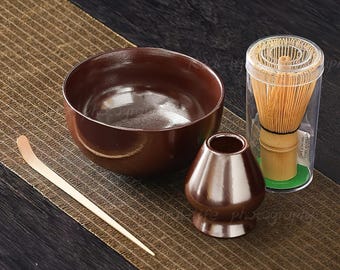 Handmade Matcha Bowl Set: Bamboo Whisk, Chasen Holder, Beginner Ceremony Gift