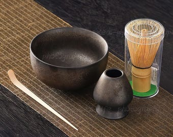 Handmade Matcha Bowl Set: Bamboo Whisk, Chasen Holder, Beginner Ceremony Gift